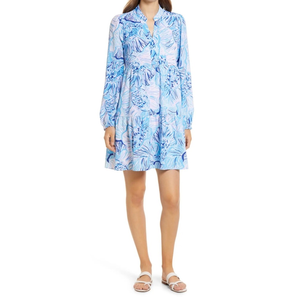 Lilly Pulitzer Winona Dress Womens Large Blue Pink Print Long Sleeve Tiered Mini